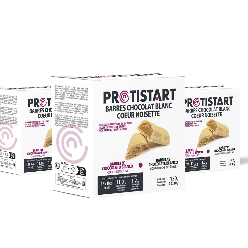 Juego de 3 barras de corazón con crema de avellanas y chocolate blanco - Protistart | Snack Gourmet y Proteico | Fuente de Bienestar y Energía