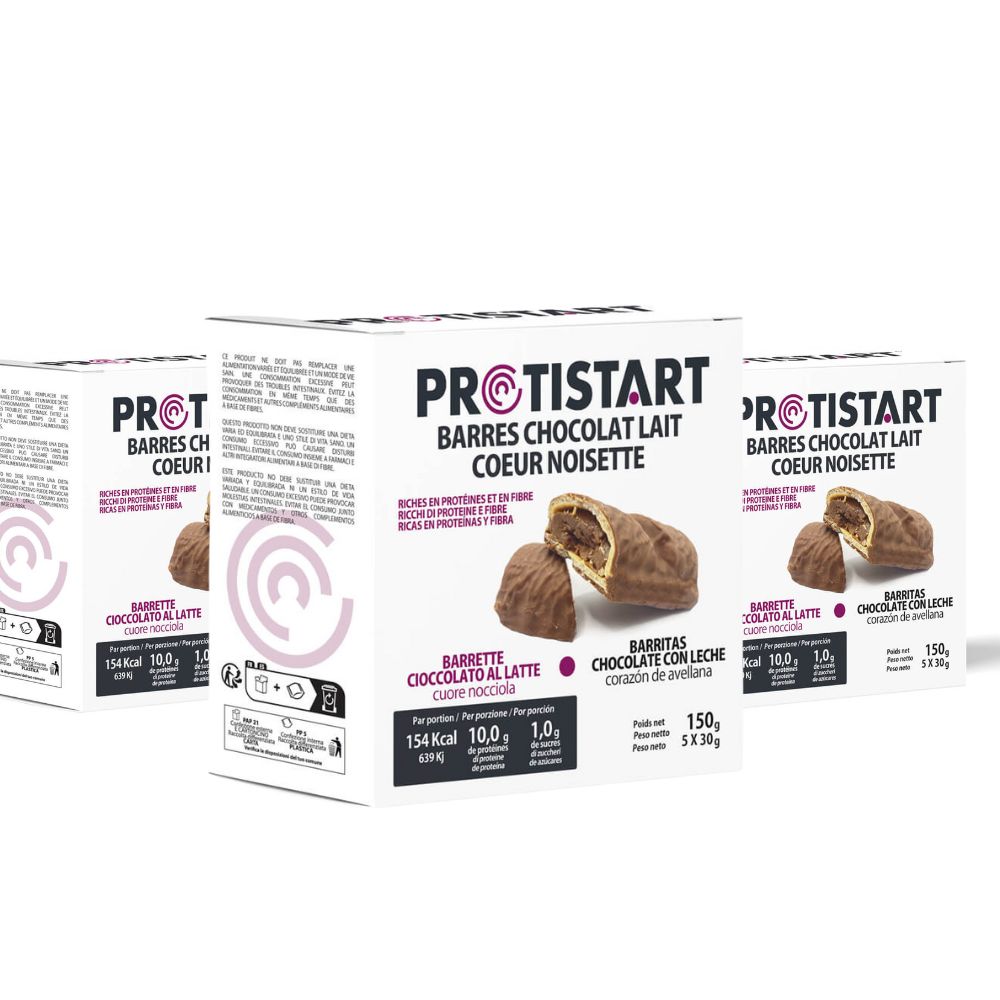 Juego de 3 barras de crema de avellanas y corazón de chocolate con leche - Protistart | Snacks Gourmet y Proteicos | Ideal para objetivos de bienestar y meriendas